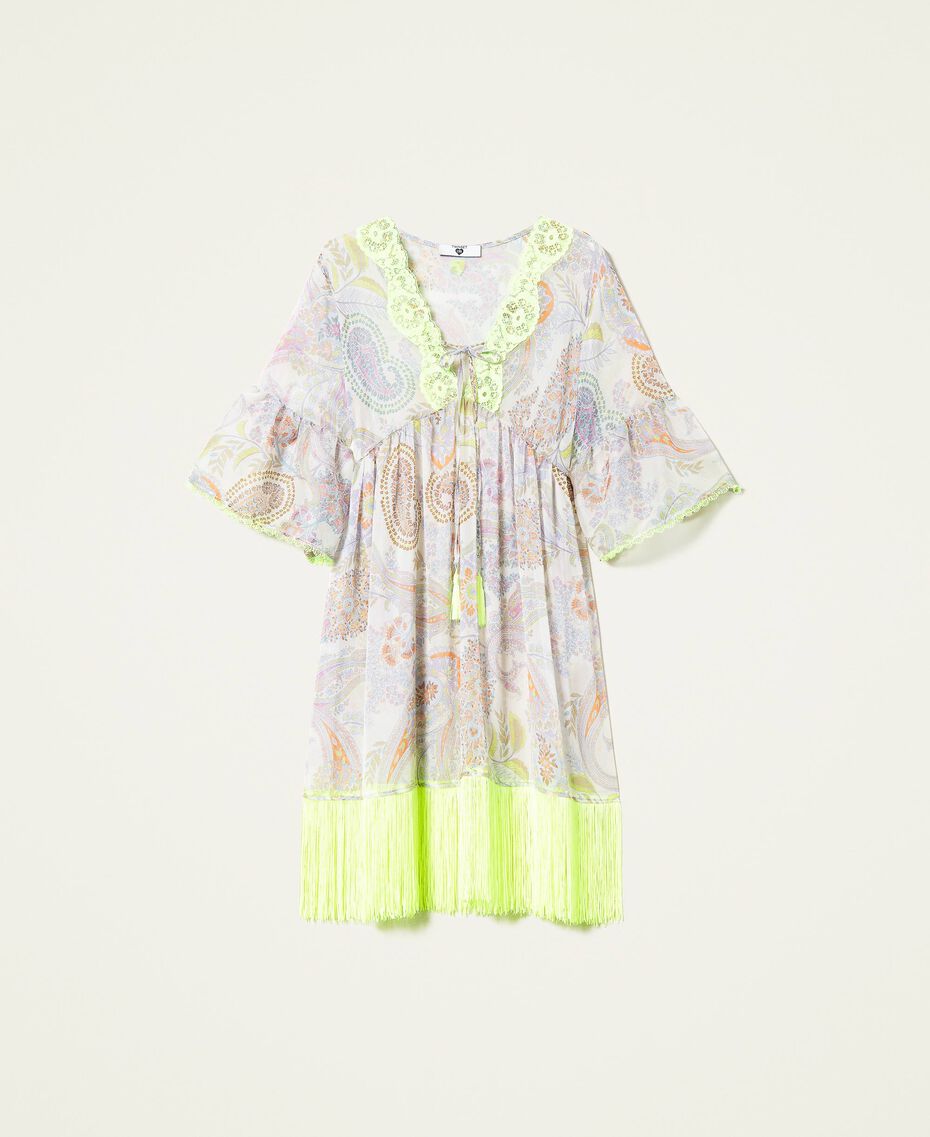 Vestido kaftan con estampado y flecos