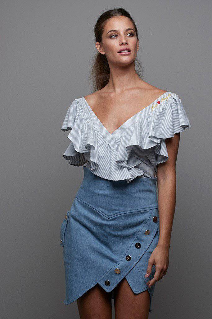 Blusa escote volante cruzada rayas azules - Bayolo Concept Store